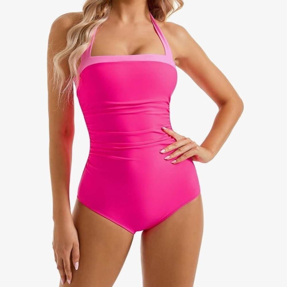 Large Pink One-Piece Bathing Suit Tummy Control Halter